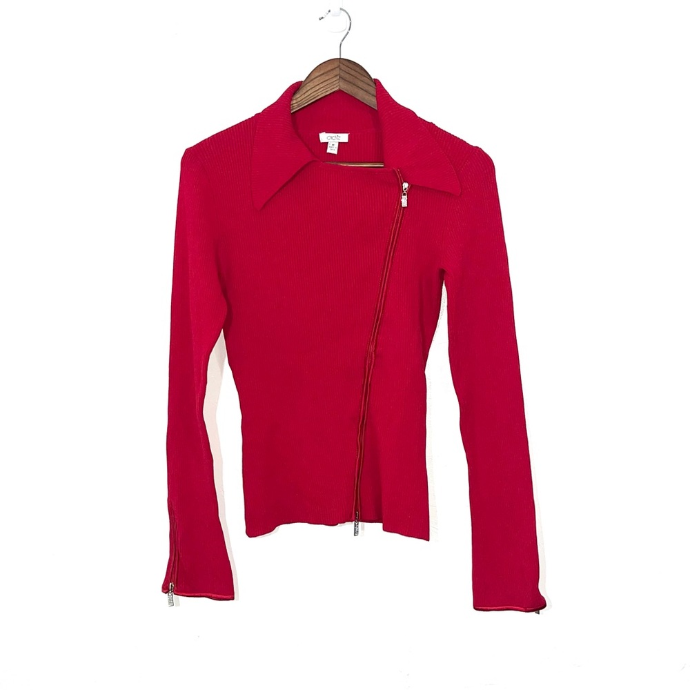 Cache Red Asymmetrical Zip Ribbed Knit Sweater - Picture 2 of 10